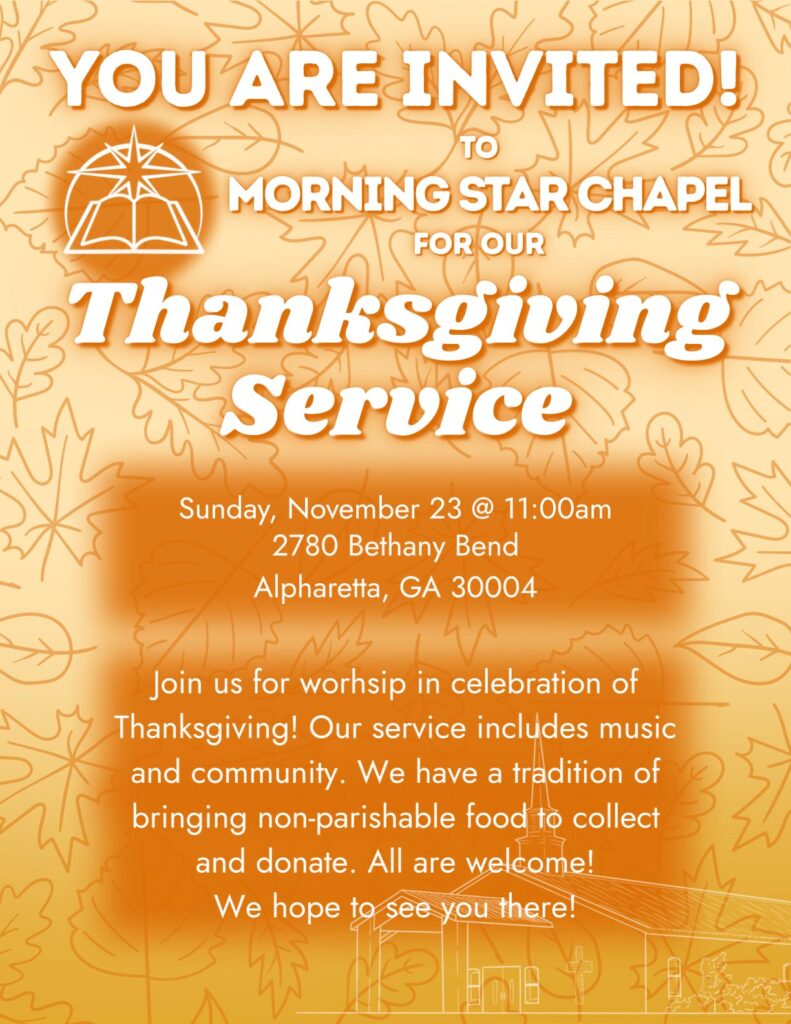 You are Invited to our Thanksgiving Service, Sunday November 23 at 11am.
Join us for worship in celebration of Thanksgiving! Our service includes music and community. We have a tradition of bringing non-perishable food to collect and donate. All are welcome! We hope to see you there!